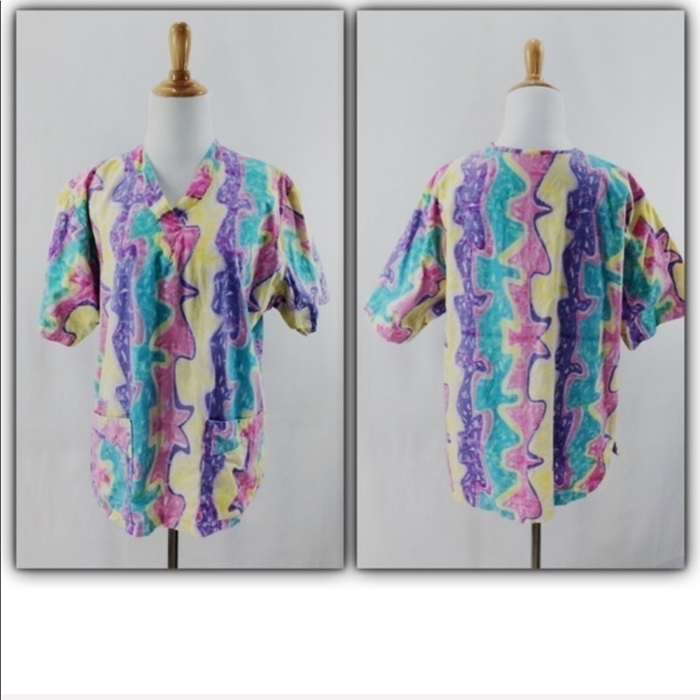 Handmade colorful abstract print scrub top size M. Gently used